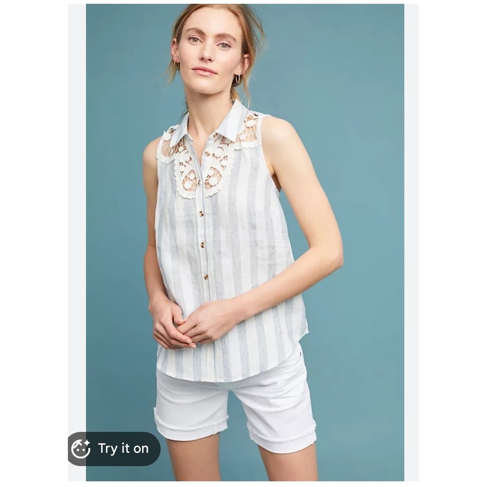 Maeve Anthropologie Edinboro Linen Sleeveless Lace Stripe Button Down Top Medium